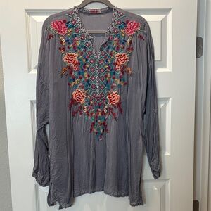 Johnny Was Charcoal Tunic with Colorful Embroidery